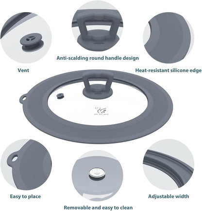 Vented Tempered Glass Universal Lid for Pot Pan Skillet with Heat Resistant Silicone Rim Microwave Splatter Lid Cover Microwave Safe Fit 11.5" 12" 12.5" Cookware, Dishwasher Safe Grey