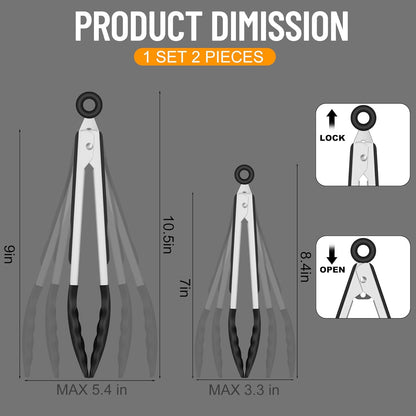 HOTEC Premium Stainless Steel Locking Kitchen Tongs with Silicon Tips, Set of 2-9" and 12"