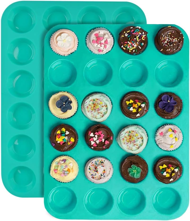 FOCCTS Silicone Muffin Pan, 24 Mini Cupcake Pan for Cream Cheese Fat Bombs, Non Stick, Dishwasher Safe Silicon Bakeware Pans, 2 Pack