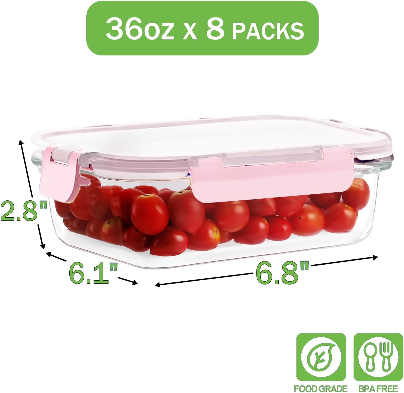 8 Pack 36oz Large Glass Meal Prep Containers with lids, Glass Food Storage Containers with Leak Proof Snap Lock Lids , Airtight Bento lunch Boxes, Kitchen Storage, Oven, Freezer and Dishwasher Safe