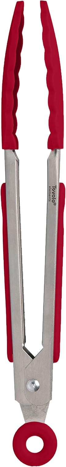 Tovolo Stainless Steel Tongs with Silicone Tips Set of 3 Mini 7” 9” 12 Inch with Easy Lock Mechanism for Cooking Grilling Air Fryer Serving, Red Black Charcoal Gray Heat Resistant Kitchen Tongs