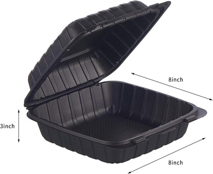 8X8 3-Compartment 50-Pack Plastic Clamshell Takeout Food Trays Heavy Duty Togo Disposable Box Carryout Meal Prep Packaging Catering Hinged Containers With Secure Snap Lid (Formerly FULING)