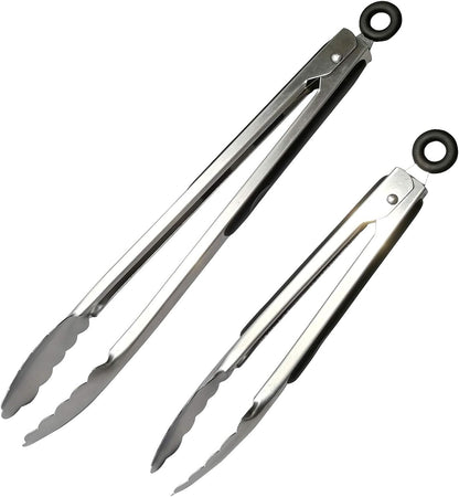 ALLTOP Metal Cooking Tongs,Stainless Steel Food Tong with No-slip Silicon and Locking Ring for Kitchen - 9 &12 inch,Set of 2-Black