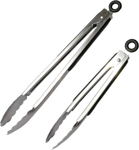 ALLTOP Metal Cooking Tongs,Stainless Steel Food Tong with No-slip Silicon and Locking Ring for Kitchen - 9 &12 inch,Set of 2-Black