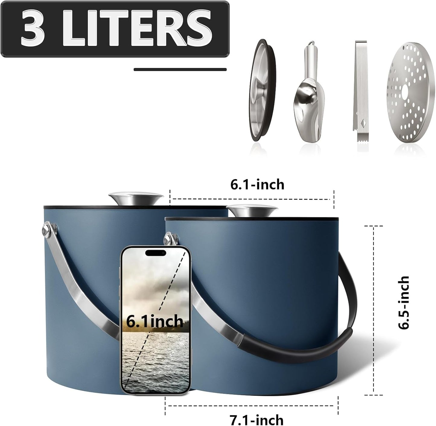 Bakpoco Insulated Ice Bucket with Silicone Lid, Scoop, Tongs & Strainer, 3L Stainless Steel Double Wall Ice Buckets for Parties & Cocktail Bar, Champagne Ice Bucket with Lid for Freezer, Ivory