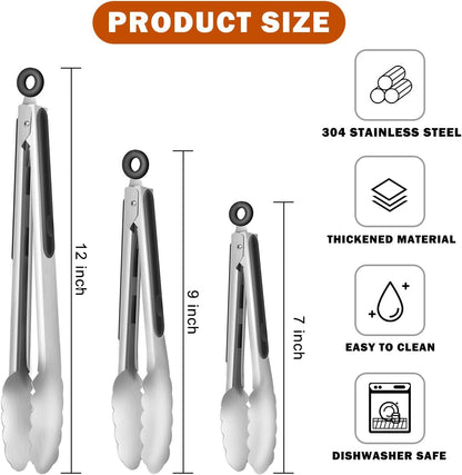 TACGEA Stainless Steel Kitchen Tongs, Silicone Non-slip Grip, Locking Grilling Food Tongs Set of 2, 9-inch & 12-inch