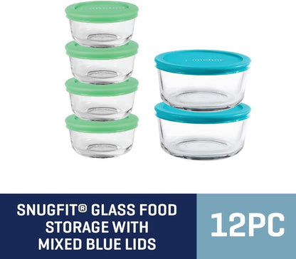 Anchor Hocking 12 Piece Glass Storage Containers with Lids (6 Glass Food Storage Containers & 6 Navy Blue SnugFit Lids)