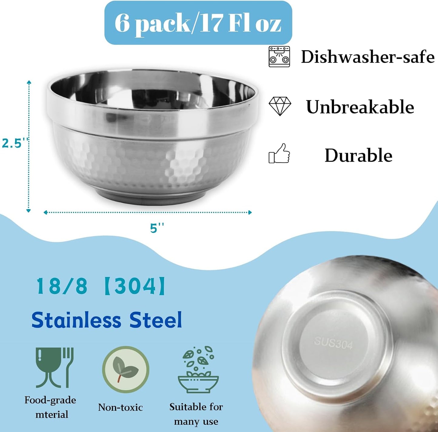 ZENFUN 6 Pack 18/8 Stainless Steel Bowls, 17 Oz Soup Bowl Double-walled Insulated Bowls, 5 Inch Snack Cereal Bowl for Rice, Fruit, Salad Ice cream, Food-grade