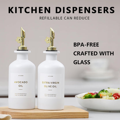 HOMCDALY Olive Oil Dispenser for Kitchen, 12oz Glass kitchen Dispenser Bottle, Gold Oil&Vinegar Cruet Set, Leakproof Oil Containers for Cooking| Set of 2 (12oz – Gold)