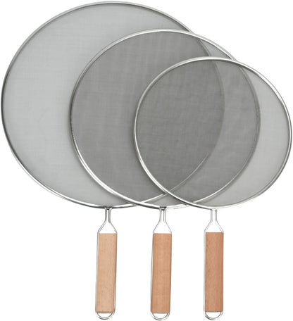 3 Pieces Grease Splatter Screen for Frying Pan, 21/25.5/29cm, with Wooden Handle