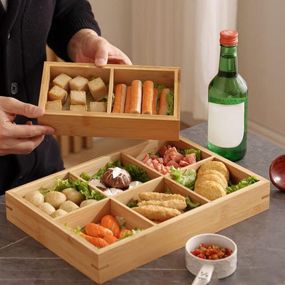 Divided Wooden Tray, Multi Compartments Wooden Serving Tray for Sushi and Hot Pot Restaurants Food Organizer Platter Natural Safe Smooth Polished Surface for Vegetables Snacks Appetizers
