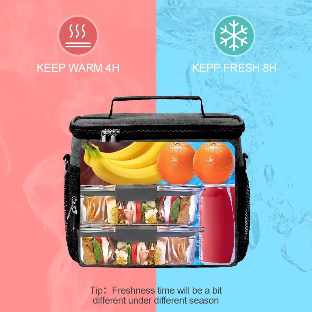 Tiblue Insulated Lunch Bag for Women/Men, Reusable Lunch Box for Office Work School Picnic,Leakproof Freezable Cooler Bag with Adjustable Shoulder Strap for Kid/Adult(Medium, Black & White Stripes)
