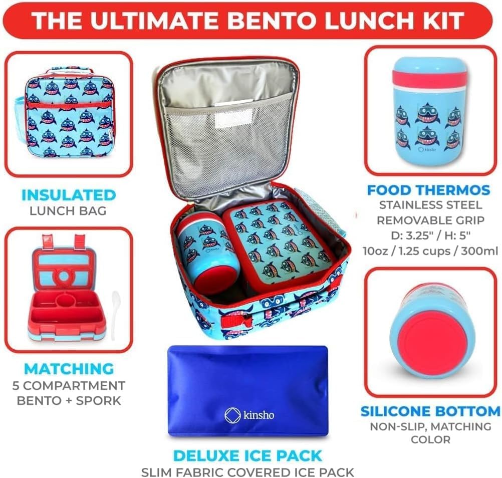 Bento Box with Stainless Steel Thermo, Insulated Lunch Bag, Ice Pack Set for Kids - 5 Compartments, Lunches or Snack Container for Girls, Toddlers Daycare Pre-School, Kindergarten Purple Unicorn