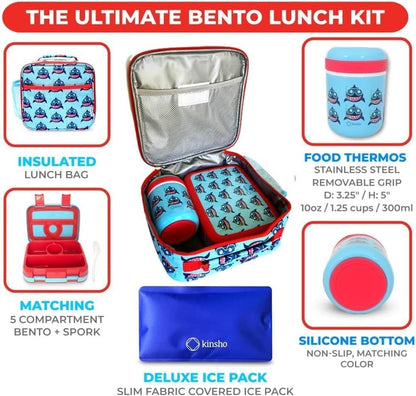 Bento Box with Stainless Steel Thermo, Insulated Lunch Bag, Ice Pack Set for Kids - 5 Compartments, Lunches or Snack Container for Girls, Toddlers Daycare Pre-School, Kindergarten Purple Unicorn