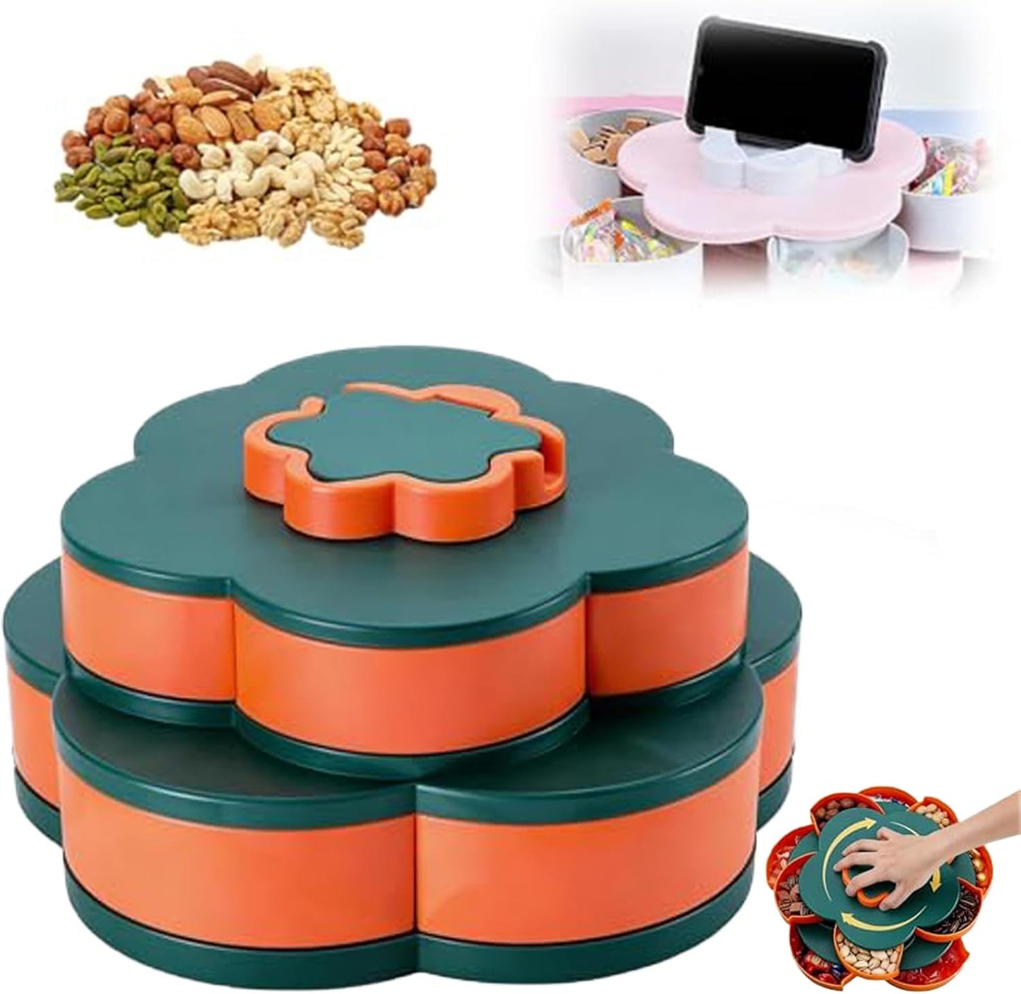 10-Grid Petal Rotating Snack Tray with Lid, Portable Divided Snackle Box Container for Party, Picnic and Camping, 360° Smooth Spinning Fruit Platter for Nuts, Fruits and Candy (C)