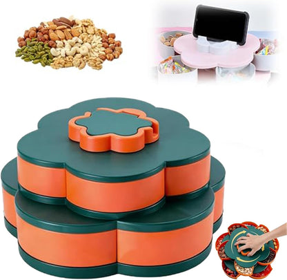 10-Grid Petal Rotating Snack Tray with Lid, Portable Divided Snackle Box Container for Party, Picnic and Camping, 360° Smooth Spinning Fruit Platter for Nuts, Fruits and Candy (C)