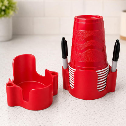 Party Cup Dispenser with Marker Holder – Stackable Plastic Cup Organizer for Parties, Events, BBQs, Picnics, Graduations & Drink Stations, Cup and Marker Caddy, Black (Red)