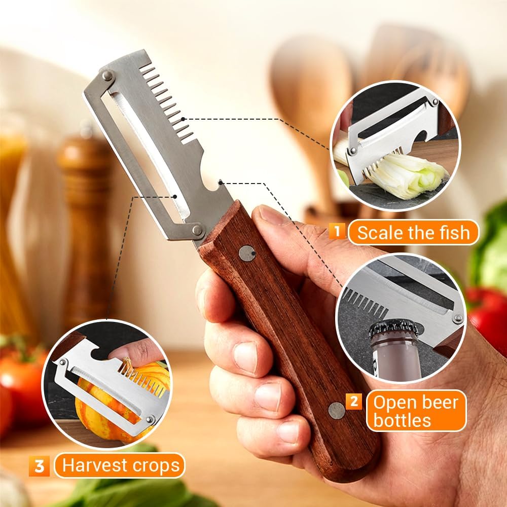 Premium Vegetable Peeler with Wooden Handle and Bottle Opener, Multi-Functional Vegetable Peeler for Kitchen, Kitchen Gadgets Tool for Fruit Pumpkin Peeling Potato Carrot Veggie Peeler (2)