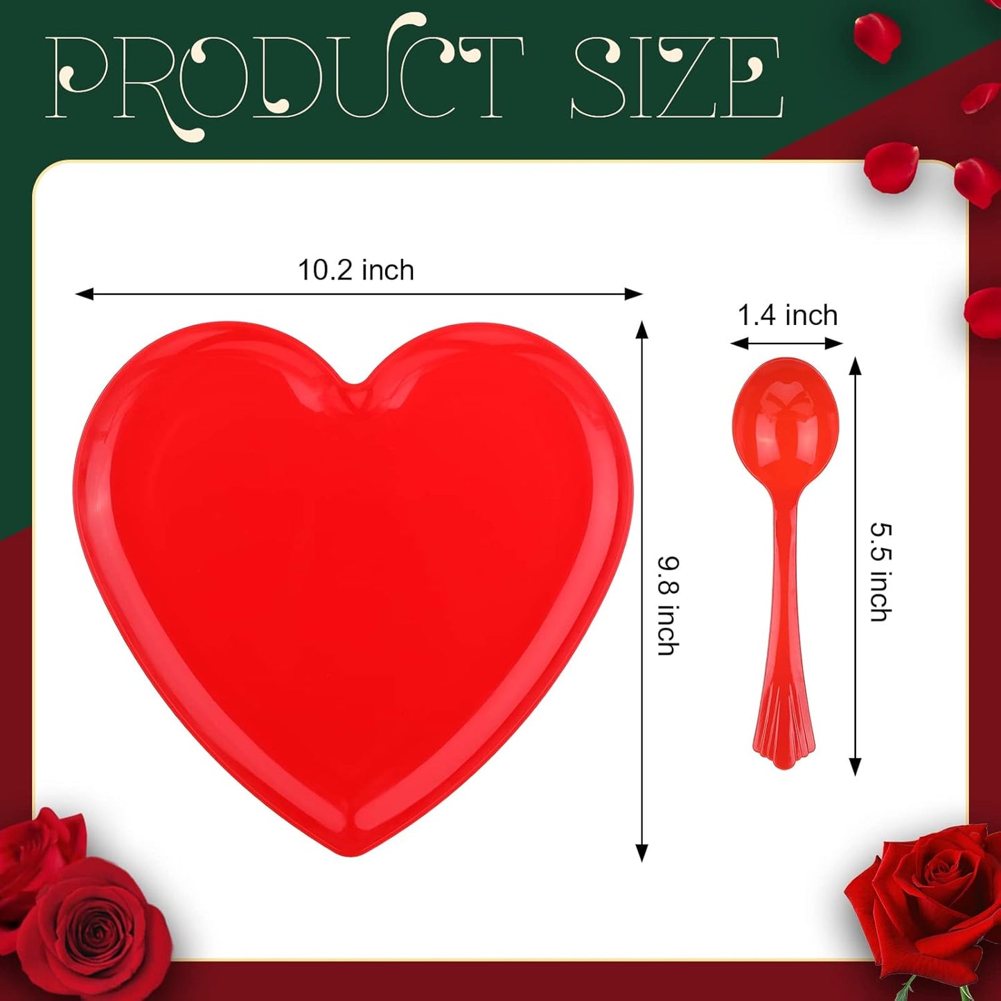 Layhit 38 Pieces Valentines Heart Shaped Plates Spoon Set Include 18 Pcs 10 Inch Valentines Day Heart Shaped Food Tray 20 Pcs Plastic Spoon Salad Dessert Plate for Party Supplies(Red)