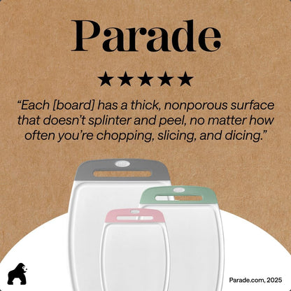 GORILLA GRIP BPA-Free Reversible Kitchen Cutting Board Set of 3, US Designed, Nonporous, Juice Grooves Catch Liquid, Slip Resistant Border, Dishwasher Safe, Durable Large Food Chopping Boards, Black
