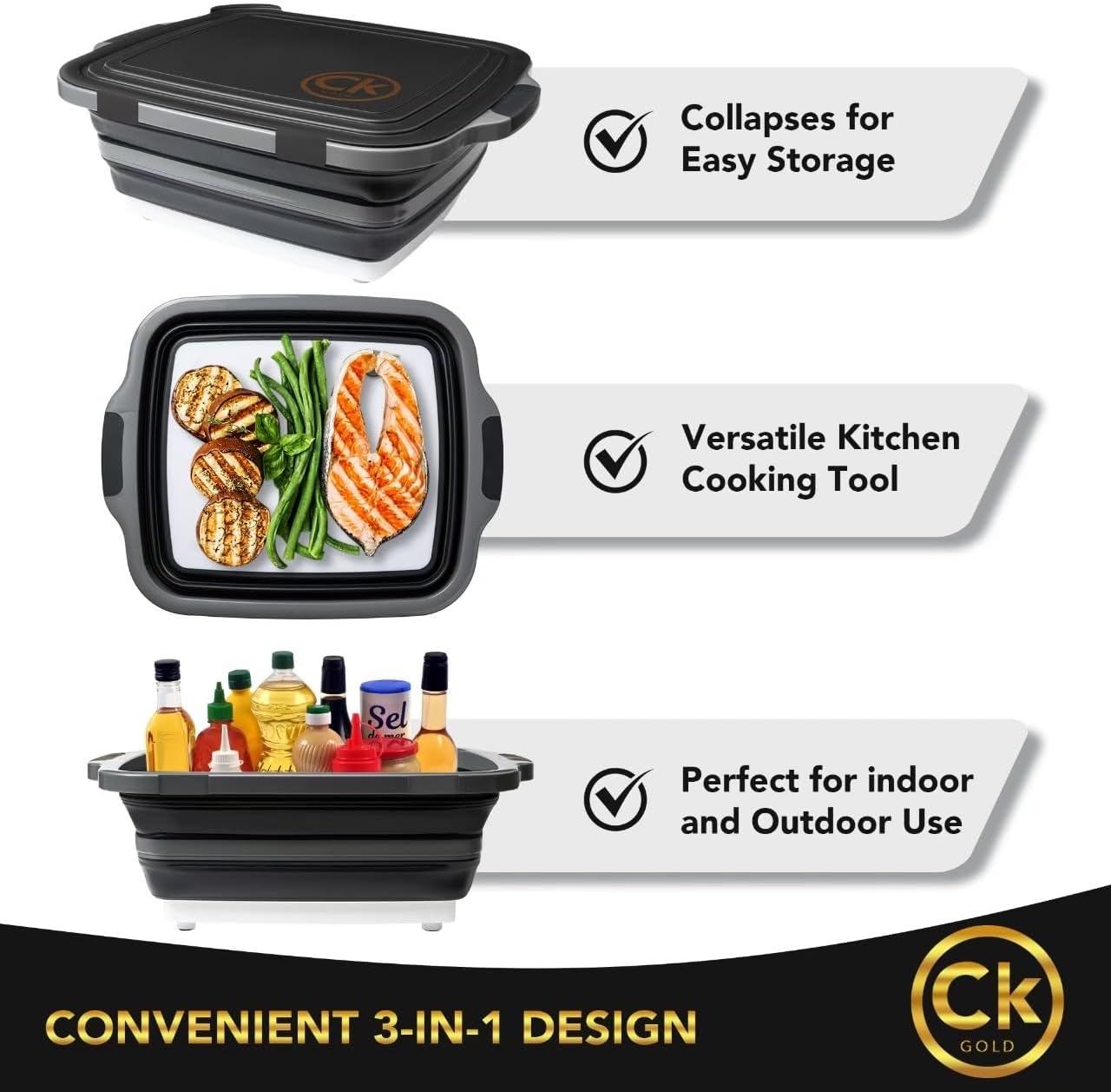 New XL Collapsible BBQ Prep Tub with LOCKING Lid, Cutting Board & Drain Hole | BPA-Free, Food-Grade, Space-Saving Prep Tubs for Marinating, Grilling, Camping & Outdoor Cooking (Black, 16L)