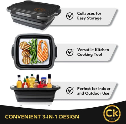 New XL Collapsible BBQ Prep Tub with LOCKING Lid, Cutting Board & Drain Hole | BPA-Free, Food-Grade, Space-Saving Prep Tubs for Marinating, Grilling, Camping & Outdoor Cooking (Black, 16L)