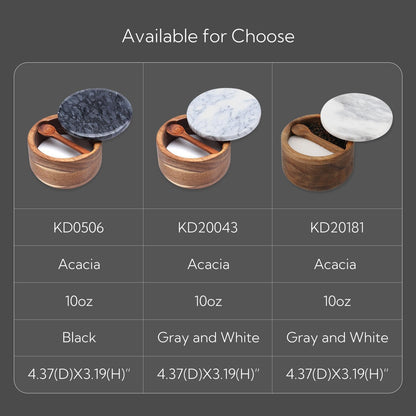 KITCHENDAO Large Acacia Salt Cellar Box Bowl with Built-in Spoon and Marble Lid, Solid Natural Acacia Wood Bath Sea Salt Container, Grey Marble Lid, Pepper Sealer Pinch Bowl, 10oz Capacity