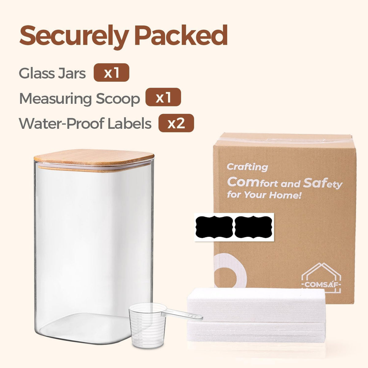 ComSaf Glass Storage Jars with Bamboo Lids 4.6 Qt 2 Pack Large Wide Mouth | Pantry organization, Flour Sugar Coffee Beans, Pasta Cereal Dry Food, 1.2 Gallon, Cabinet Organization, Dry Food Storage