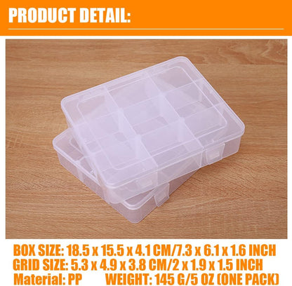 2 Pcs 8 Grids Clear Organizer Box Plastic Storage Container with Adjustable Dividers for Electronics Jewelry Beads Art DIY Crafts Fishing Small Parts