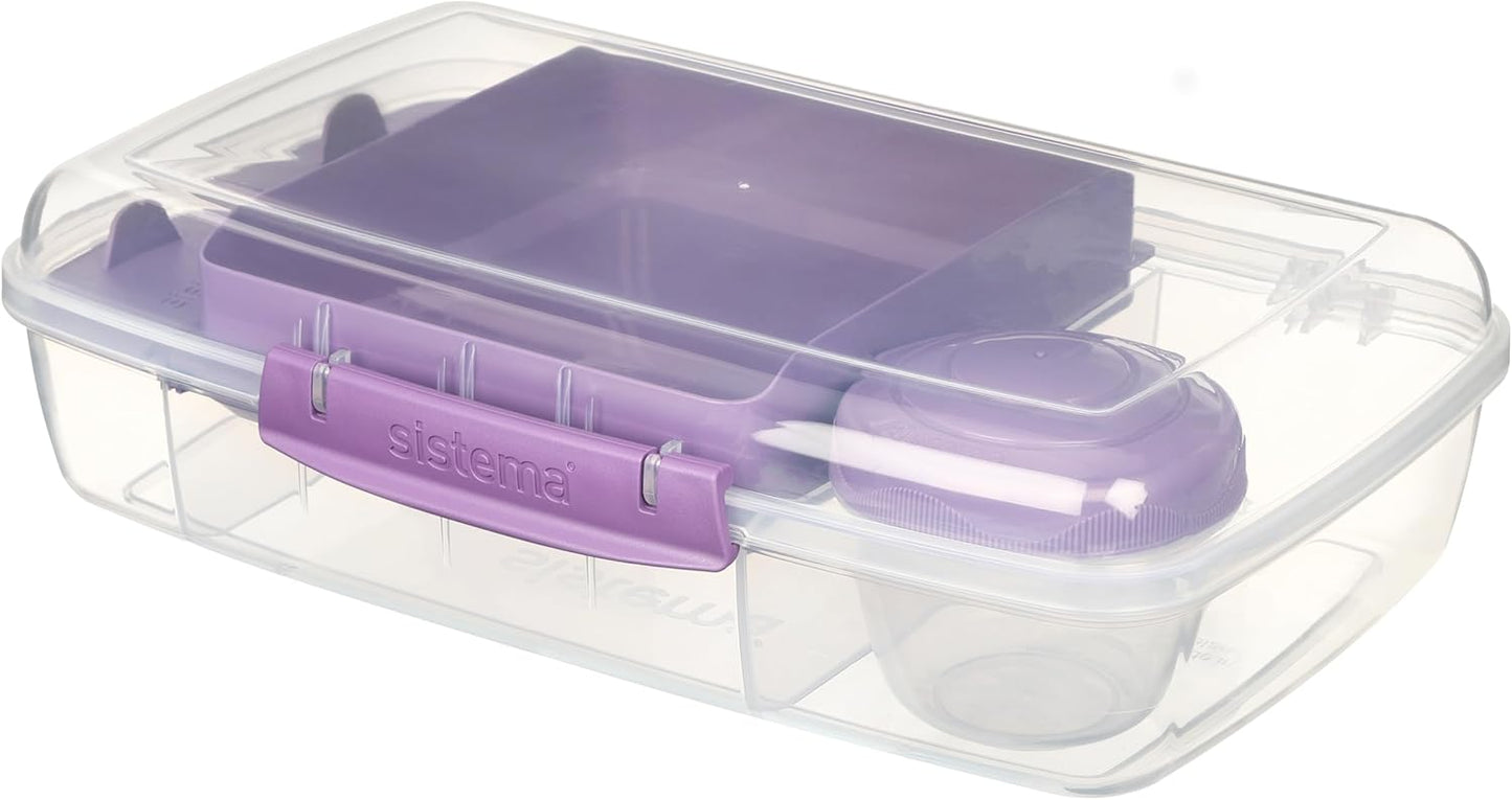 Sistema Bento Box Adult Lunch Box with 3 Compartments, 2 Removable Trays, and Salad Dressing Container, Dishwasher Safe, Color May Vary, 42 oz./1.25L Size (Pack of 4)