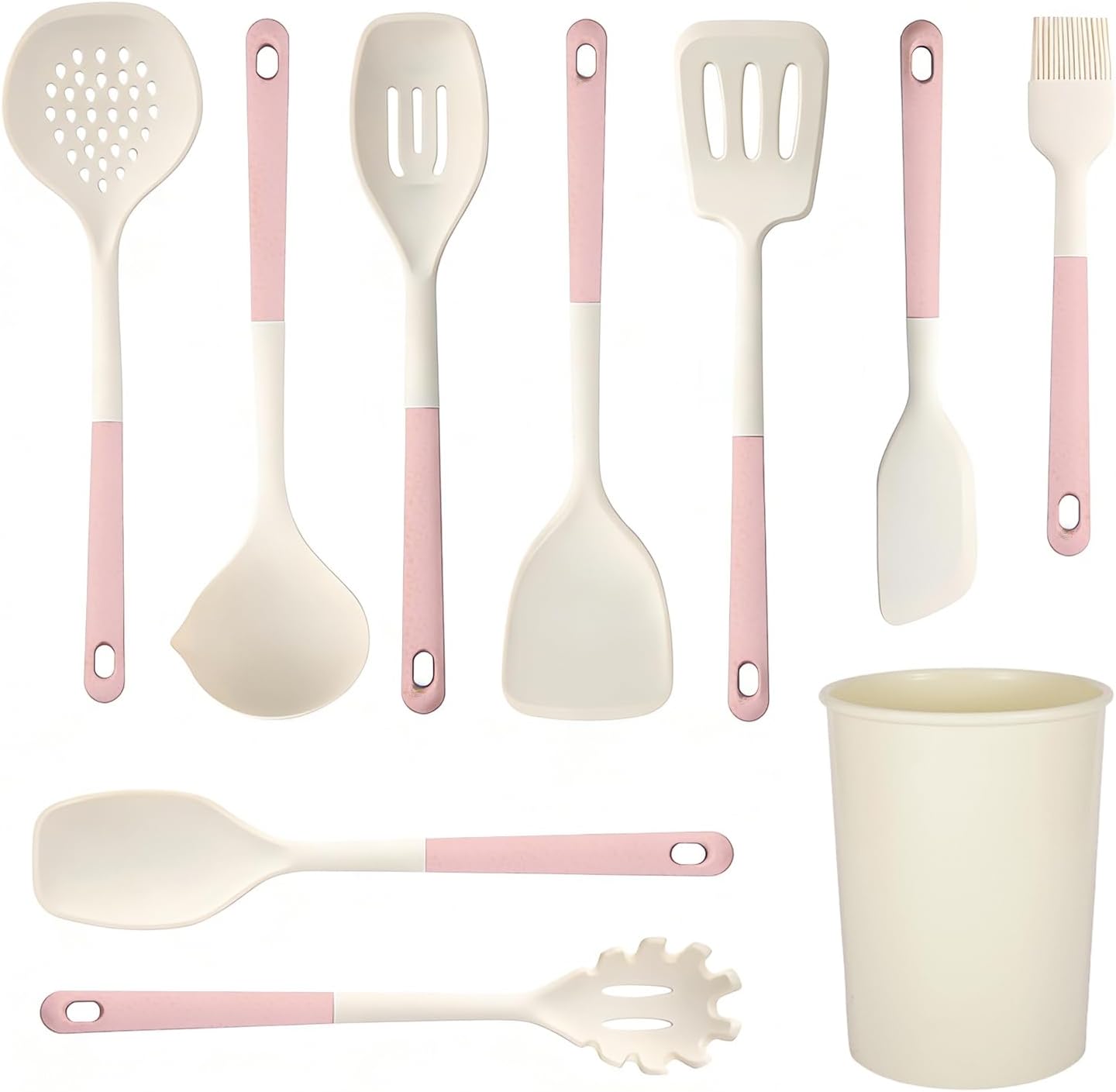Silicone Kitchen Utensils Set, 10 Piece Silicone Cooking Utensils Set with Holder, Heat-Resistant Non Stick Cooking Tools Set with Spatula,Turner Ladle Skimmer Pasta Fork,BPA Free (Khaki)
