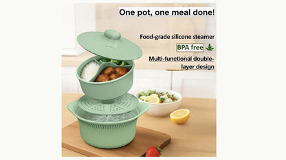 3-in-1 Microwave Steamer, 42oz Silicone Basket with Lid for Veggies, Fish & Baby Food | BPA-Free,Dishwasher & Oven Safe (Green)