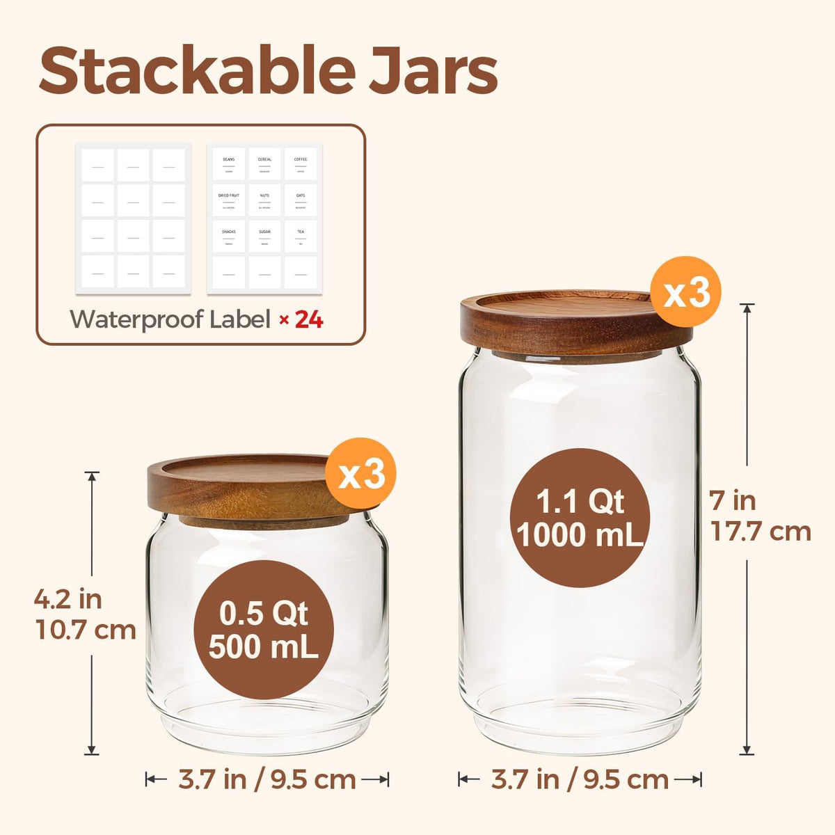 ComSaf 6PCS (1.1Qt/0.5Qt) Glass Pantry Storage Container with Acacia Wood Lid, Airtight Glass Canister with Stacked Design for Orderly Organizing, Glass Jar Organizing Dry Goods in Pantry & Cabinet