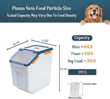 Large Flour Storage Container Bin 25lb, 2Pack Airtight Rice Storage Containers with Measuring Cup&Scoop, BPA Free with Wheels Seal Locking Lid for Flour, Rice, Grain (50LBS Total, Blue)