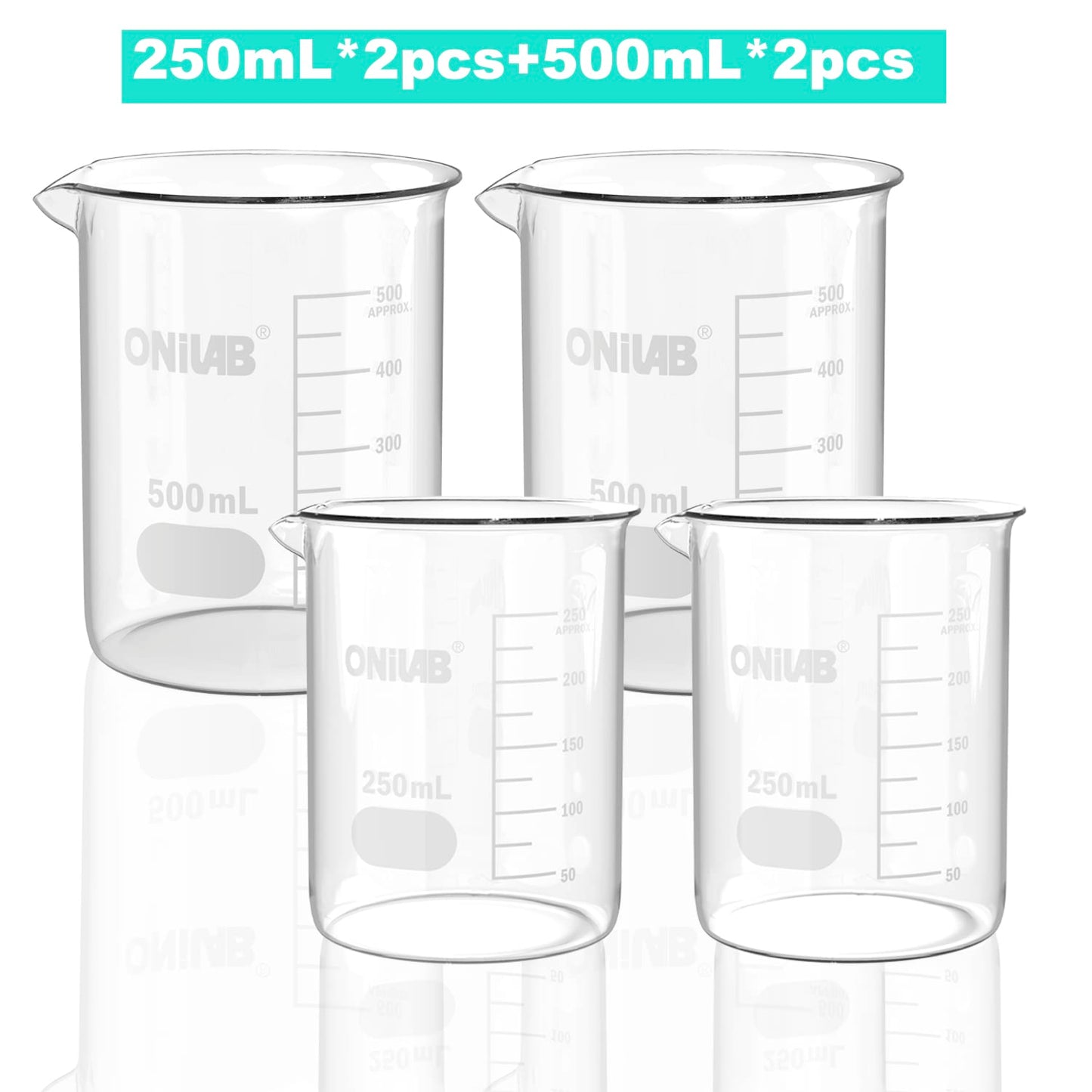 ONiLAB Glass Measuring Beaker Set 50ml 100ml 250ml (Pack of 3) 3.3 Boro Griffin Low Form with Printed Graduation Scientific Glassware for Laboratories, Classrooms or Home Use 13900244