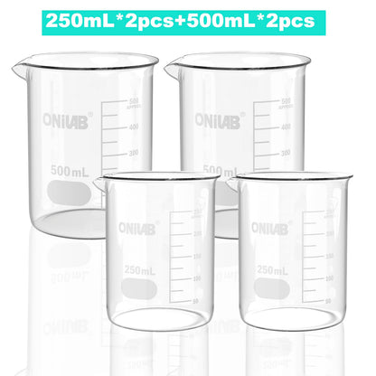 ONiLAB Glass Measuring Beaker Set 50ml 100ml 250ml (Pack of 3) 3.3 Boro Griffin Low Form with Printed Graduation Scientific Glassware for Laboratories, Classrooms or Home Use 13900244
