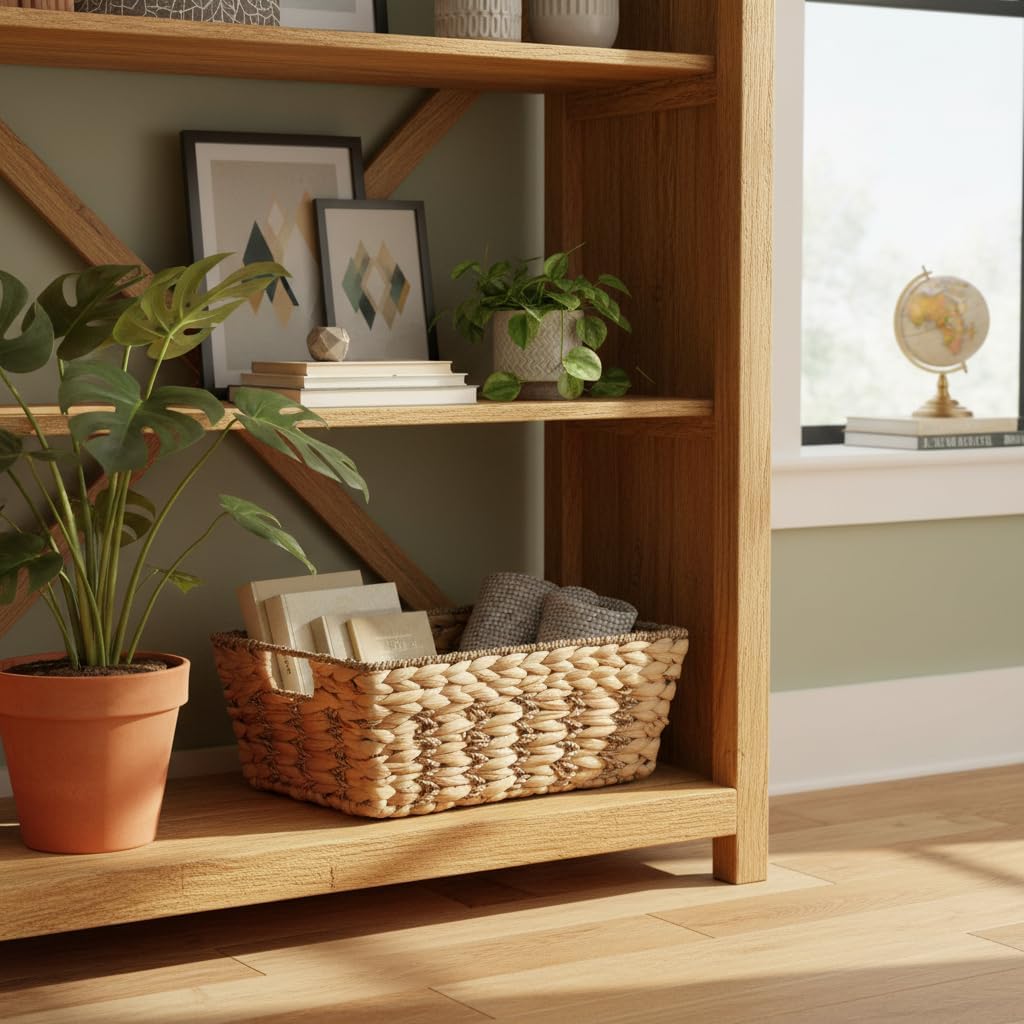 Water Hyacinth storage basket with Handle Shelf Organizing Storage Baskets Hand-woven Rattan Baskets Pantry Bin Organizers for Shelves, Living Room,Decor(Middle)