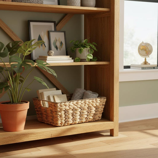Water Hyacinth storage basket with Handle Shelf Organizing Storage Baskets Hand-woven Rattan Baskets Pantry Bin Organizers for Shelves, Living Room,Decor(Middle)