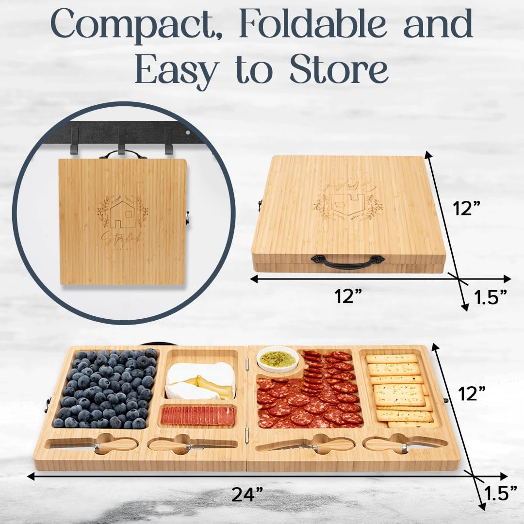 Charcuterie Boards Set - Large Bamboo Cheese Board with Charcuterie Accessories - Wooden Cheese Platter - Foldable Charcuterie Board for House Warming Gifts New Home & Wedding Gifts