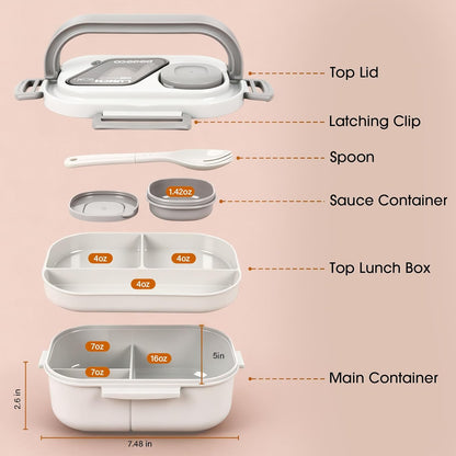 PEDECO All-in-one Bento Lunch Box Set for Adults & Kids with Insulated Bag, Leakproof 3-Compartment and 2-Tier Stackable Container with Portable Sauce Pod, Microwave/Dishwasher Safe, BPA-Free (White)