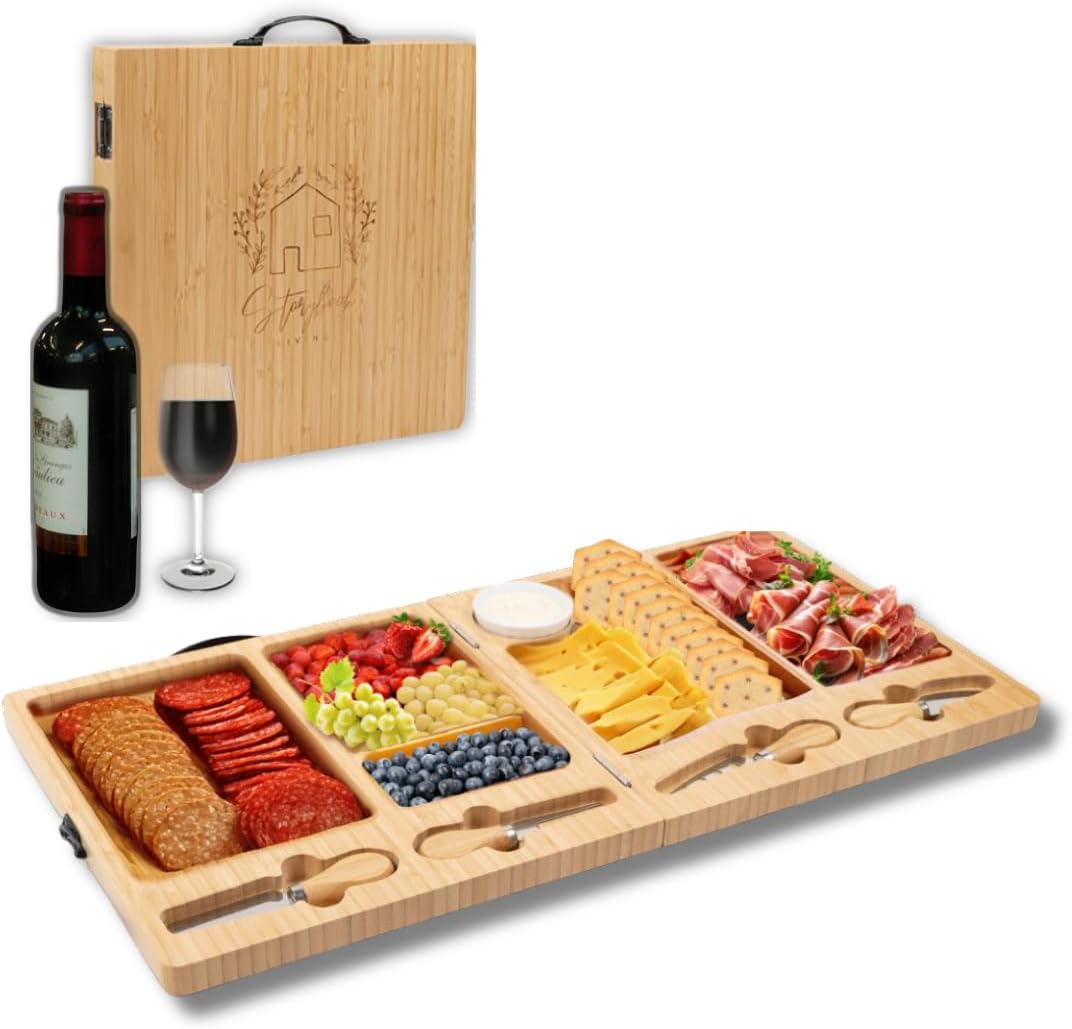 Charcuterie Boards Set - Large Bamboo Cheese Board with Charcuterie Accessories - Wooden Cheese Platter - Foldable Charcuterie Board for House Warming Gifts New Home & Wedding Gifts