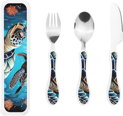 3-Piece Kids Silverware Set With Storage Case, Stainless Steel Reusable Children Safe Knife Spoon Fork Set Elephant Pattern Children Flatware Set For Kids Lunch Box
