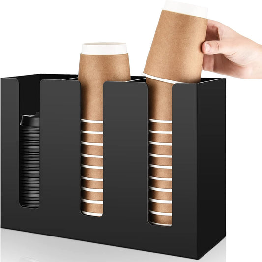 Cunhill 3 Compartments Acrylic Coffee Cup and Lid Dispenser Organizer Disposable Paper Cup Holder Plastic Coffee Shop Supplies Holder Storage for Station Restaurant Kitchen Countertop Bar Party(Clear)