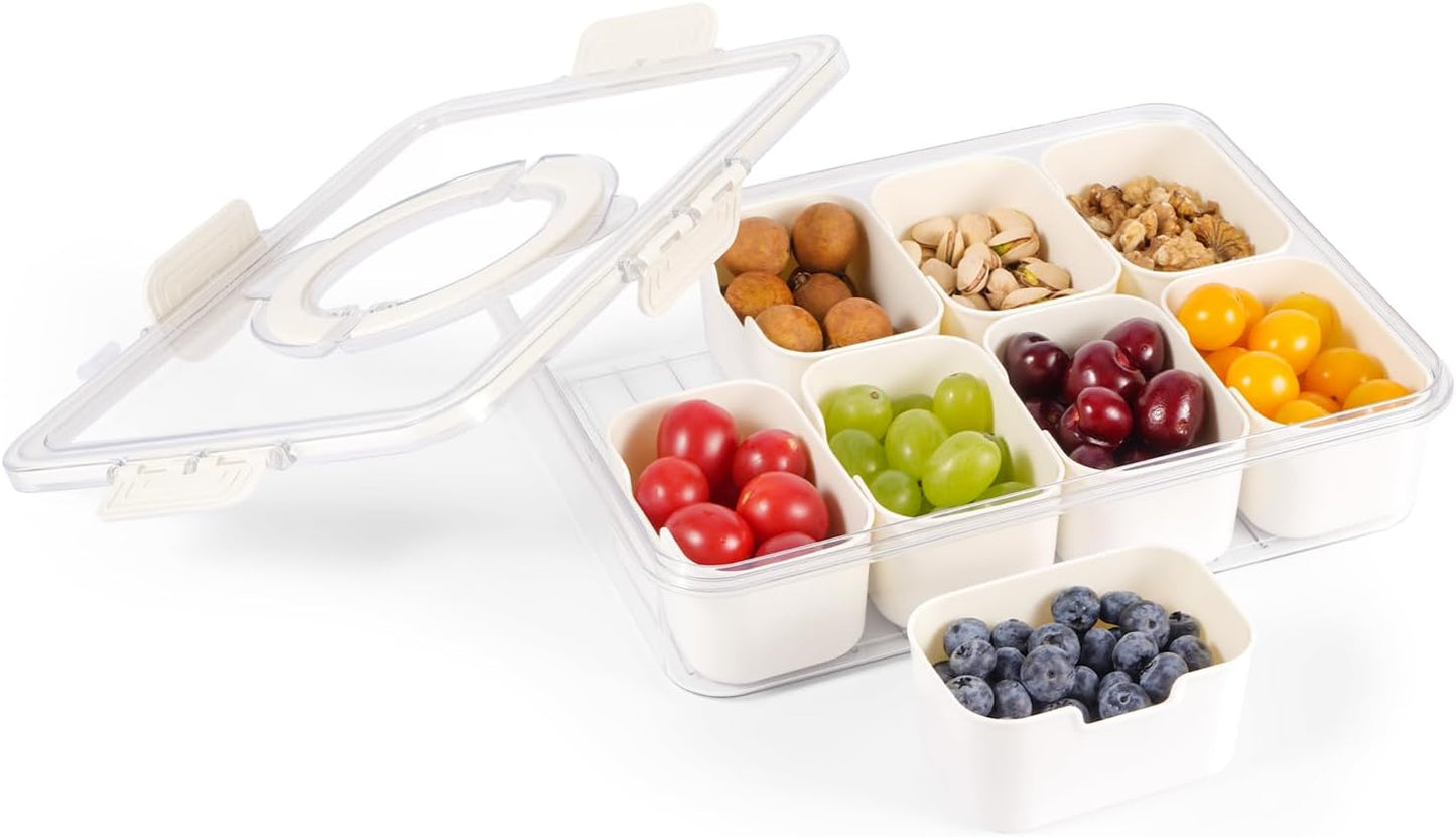Divided Serving Tray with Lid and Handle, Snackle Box Charcuterie Container Portable for Snack Platters Reusable Clear Organizer 8 Compartments for Candy, Fruits, Nuts Perfect for Party Entertaining