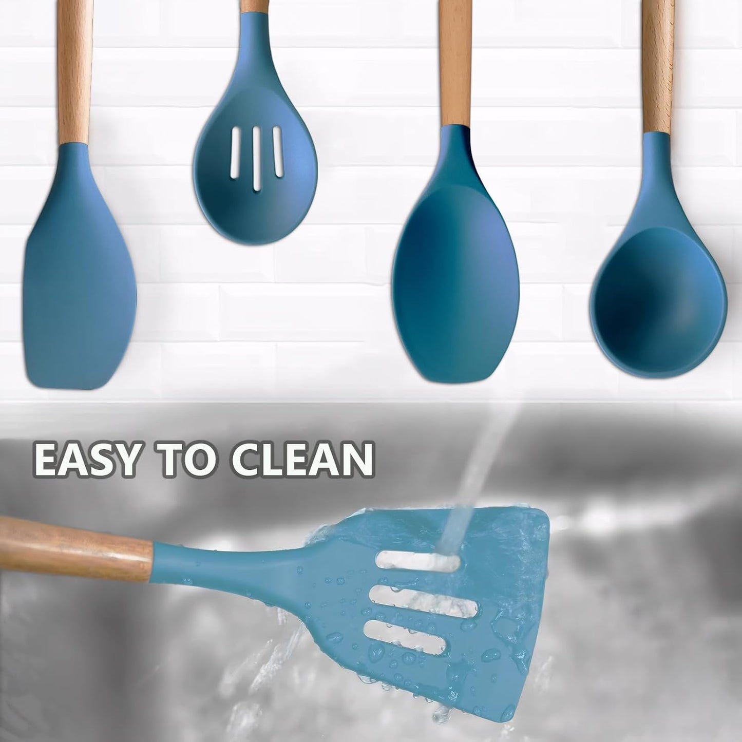 Kitchen Cooking Utensils Set, 6Pcs Silicone Kitchen Utensils Set Spatula Spoon Soup Ladle Turner, Heat Resistant Wooden Handle Silicone Cooking Gadgets for Nonstick Cookware & Baking BPA FREE