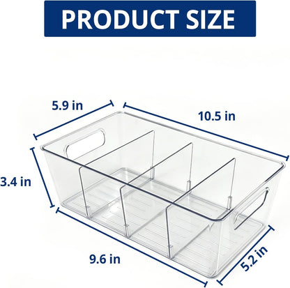 8 Pack Pantry Organizers and Storage, Food Storage Containers with 3 Removable Divider for Kitchen, Fridge, Cabinet Organization, Clear Plastic Storage Bins for Snacks, Spice Packets, Packets, Pouches