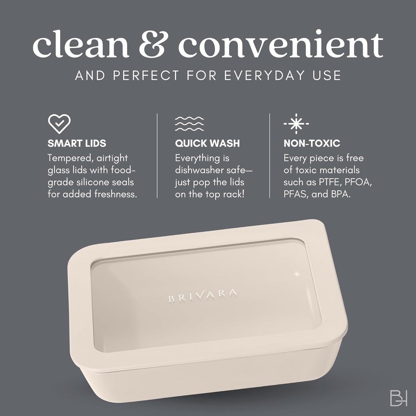 Ceramic Coated Glass Food Storage Container | No PTFE, PFOA, PFAS, and BPA | Reusable Non Toxic Meal Prep Container with Glass Lid | Easy To Store | 3 Cup Rectangle [Onyx]