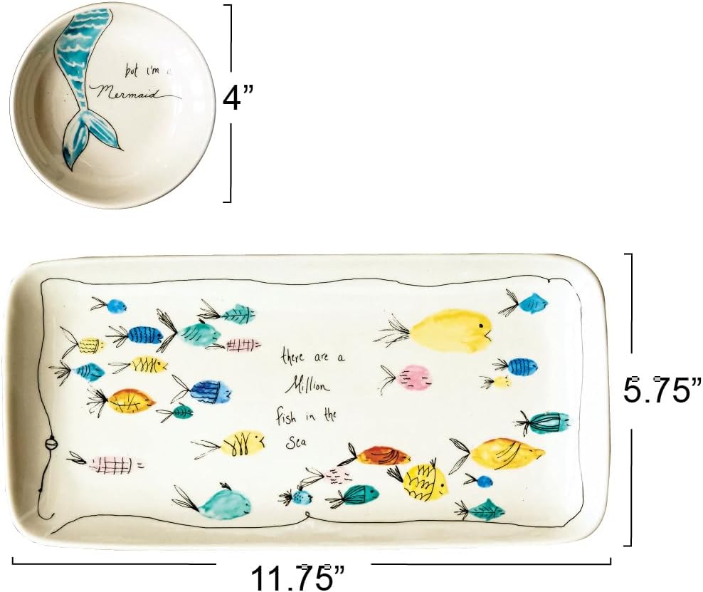 Creative Co-Op Rectangle Stoneware Plate with Fish Images and Matching Bowl