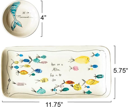 Creative Co-Op Rectangle Stoneware Plate with Fish Images and Matching Bowl