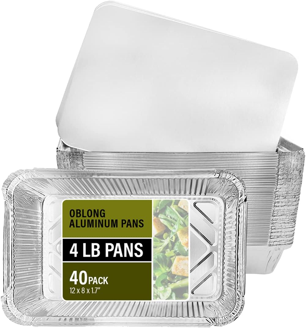 PARTY BARGAINS 4 lb Aluminum Pans with Board Lids, 50 Pack – 12 x 8 in Disposable Foil Roasting & Steam Table Pans for Catering, Takeout, Meal Prep, Oven Safe up to 240°C